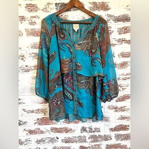 Fig And Flower Blouse Sheer Colorful Boho Artisan Bohemian Button Front Sz 2X